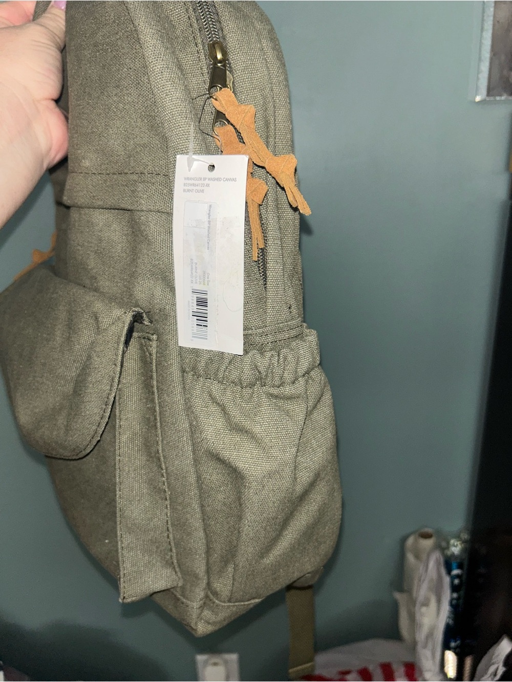 17” Wrangler Olive Washed Canvas Laptop Backpack w/ Brown Accents NWT - Picture 9 of 15